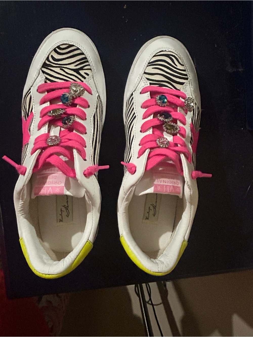 Vintage Havana White Zebra-Print Sneakers with Hot Pink Laces